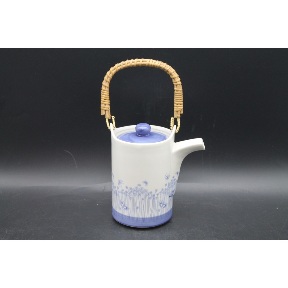 Vintage Otagiri Japan Blue White Floral Teapot Rattan Handle Hand Crafted MCM